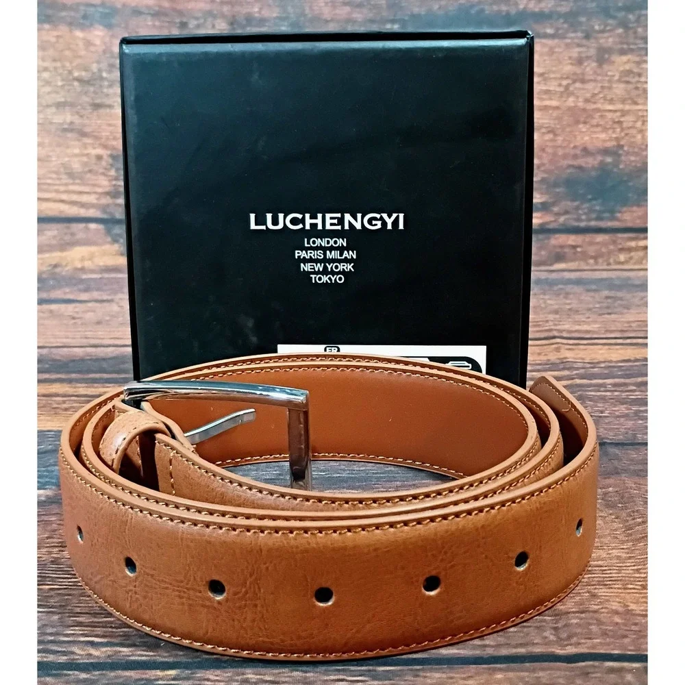 Luchengyi Mens Tan Brown Genuine Leather Belt Size 34‎ Business Casual Silver